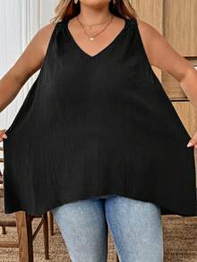 SHEIN CURVE+ 大尺碼百褶紋理V領簡約休閒背心 - 黑色 - 查看 3