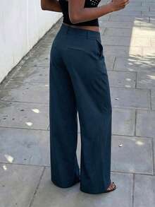 Flirla 女款夏季棉質休閒長褲，孔雀藍寬鬆寬腿褲，適合辦公室工作、外出、度假 - 藏蓝色 - 查看 2