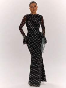 SHEIN BAE Women's Vintage Black Polka Dot Round Neck Flare Sleeve Ruffle Trim Mermaid Tail Extra Long Dress, Polka Dot Dress, Party, Formal Gathering, Evening Out Dress, Wedding Cocktail Dress, Halloween Dress, Christmas Dress - Black and White - View 5