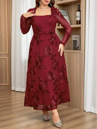Reflora Plus Size Women's Dress Autumn Winter Elegant Long Sleeve Elastic Knit Tight Fit Dinner Formal Burgundy