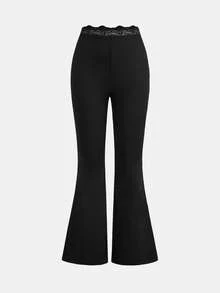 SHEIN 少女休閒日常時尚蕾絲飾邊腰部喇叭褲 - 黑色 - 查看 4