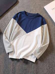 SHEIN Kids Tween Boy Casual Comfortable Versatile Colorblock Patchwork Design Crew Neck Long Sleeve T-Shirt Top, Suitable For Commuting, School, Daily Casual, Outings, Sports, Spring, Summer, Autumn, Winter - White - View 5
