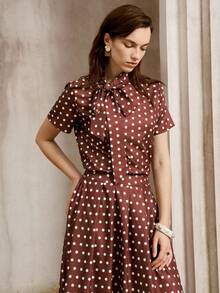 Franclia Women's Tie Neck Short Sleeve Blouse Skirt Vintage 70s French 2 Pieces Set Office Garden Party Date Tea Party Brown And White Polka Dot Summer - Coffee Brown - View 5