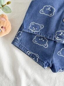 Vintaside Kids Newborn Cute Bear Head Print Soft Denim Collared 2 Pieces Set, Casual & Fashionable Summer Outfit - Blue - View 8