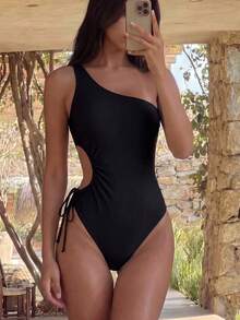 Bonvoyette Springbreak 女款海灘裝 夏季女裝新款 單肩定位印花抽繩打結鏤空休閒度假連身泳衣 節慶波希米亞風 - 黑色 - 查看 1
