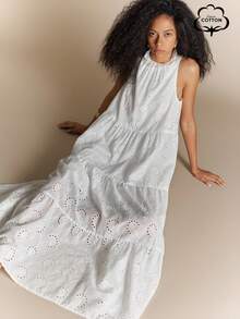 Écloséra Elegant Lacy Boho Sleeveless Ruffle Collar Multi-Layer Hem White Dress Spring Summer Autumn Winter Outing Festival Wear Wedding Picnic Vacation - White - View 1