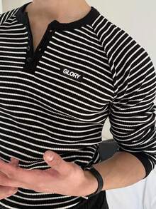 DAZY Camiseta de manga larga con diseño de rayas y botones tipo raglán para hombre, otoño - Multicolor - Ver 7