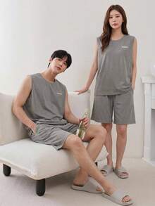 DAZY 男士夏季字母印花灰色背心和短裤休闲服套装睡衣 - 灰色 - 查看 12