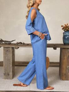 EMERY ROSE Set Denim Kasual Wanita Model V-Neck dan Celana Panjang untuk Liburan Sehari-hari, Warna Biru Muda, Musim Gugur - Biru - View 5