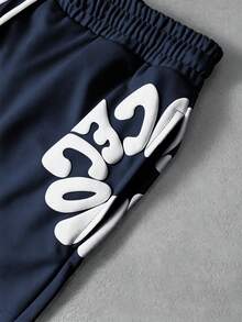PAVTROS Pantalones cortos casuales y versátiles con estampado de letras y cordón en la cintura para hombres - Azul Marino - Ver 4