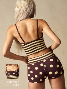 VARSIVA Women's Polka Dot Striped Print Spaghetti Strap Camisole Sports Athleisure Bra Gym Dark Yellow Summer - Multicolor - View 3