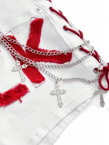ROMWE J-Fashion Plus Size Women Sexy Hot Girl Denim Shorts With Letter Patchwork And Chain Decoration, Suitable For Dating, Vacation, Party, Beach, Daily Wear, Gathering, Outdoor Activities, Street Style - White - View 3