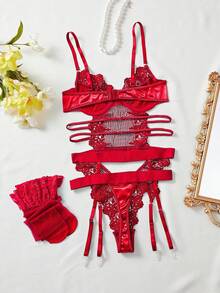 Spicy Aura Guipure Lace Underwire Garter Bustier Set With Stockings, Lingerie Bridallingerie - Red - View 5