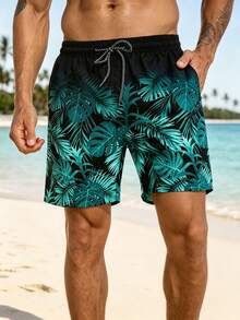 Manfinity KASUA Men's Tropical Plant Print Drawstring Waist Beach Shorts - Green - View 3