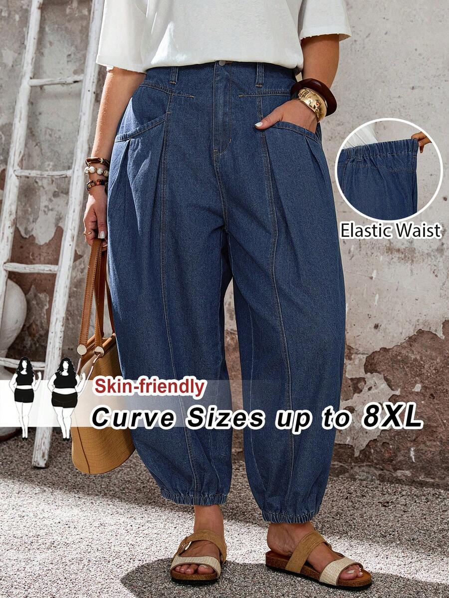 SHEIN CURVE+ 大尺碼女款口袋錐形休閒傳統百搭牛仔褲 正式沙灘風 海軍藍 夏季