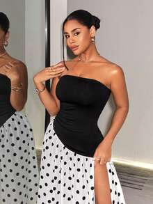 BamGleam Elegant Sexy Bandeau A-Line High Slit Polka Dot Patchwork Women's Dress Day Party Bar Party Black And White Polka Dot Summer - Black and White - View 8