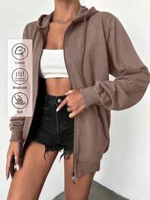 EURMUSE Plus Size 100%Cotton Solid Zip Up Drawstring Hoodie - Brown - View 1