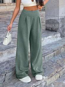 EURMUSE Casual Versatile Solid Color Wide Leg Pants - Mint Green - View 8