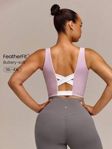 GLOWMODE FeatherFit™ Sporty Flow Crossover Back Cropped Tank With Contrast Piping & Removable Cups Low Impact Plus Size Yoga Pilates Studio Daily Active - Dusty Pink - View 1