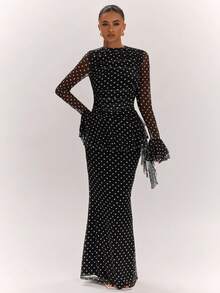 SHEIN BAE Women's Vintage Black Polka Dot Round Neck Flare Sleeve Ruffle Trim Mermaid Tail Extra Long Dress, Polka Dot Dress, Party, Formal Gathering, Evening Out Dress, Wedding Cocktail Dress, Halloween Dress, Christmas Dress - Black and White - View 4