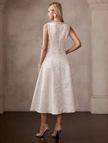 MOTF PREMIUM WOMEN'S GOLD THREAD ROSE JACQUARD RHINESTONE STRIPED DECOR SLEEVELESS ELEGANT DRESS - White - View 3