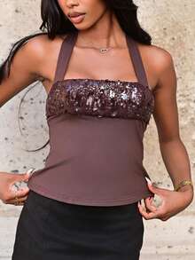 Mima John Vintage Y2K Sequin Patchwork Slim Fit Racerback Tank Top For Women Casual Summer - Coffee Brown - View 3