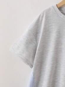 SHEIN 少女蝴蝶結印花拼接條紋荷葉邊下擺洋裝 - 灰色 - 查看 6