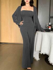 DAZY Women's 3 PiecesSummer Gray Striped Strapless Camisole, Cardigan, Straight Leg Pants Set, Loose Casual Loungewear - Grey - View 1