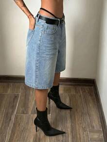 SHEIN Women's Casual Versatile Daily Denim Shorts With Pockets, Buttons And Letter Pattern - Blue - View 3