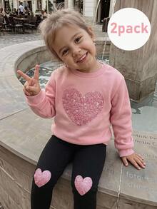 Emery Rose Kids Emery Rose Kids 2件組女童少女心形印花落肩秋季運動衫與鬆緊腰打底褲套裝，甜美女孩軟萌開學穿搭套裝 - 淺粉色 - 查看 7
