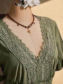 SHEIN ICON Women's Plus Size Lace Patchwork V-Neck Dress Cruise Vacation Olive Green Summer Bohemian Boho - Green - View 6