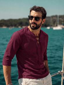 HIMLAND Loose Fit Men's Lace Up Front Drop Shoulder High Low Hem Top Vacation Maroon Autumn Tropical - Burgundy - View 7