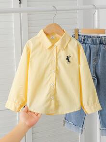 SHEIN Elladie kids 女童新款黃色條紋馬術圖案布料長袖休閒襯衫，適合日常休閒、優雅、度假、時尚、通勤與旅行穿搭 - 黃色 - 查看 6