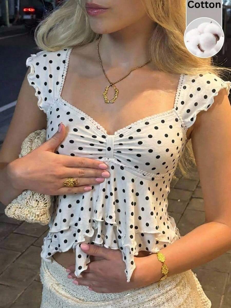 CovetEZ 女款夏季休閒波點印花背心上衣 - 黑與白 - 查看 1