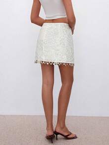 ATUI Studio Women's Elegant Sexy Sequin Tassel Hem Mini Skirt Party White Autumn - White - View 4