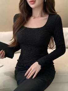 DAZY 夏秋休閒黑色蕾絲修身優雅女款上衣 T恤上衣 適合婚禮宴會晚宴襯衫 - 黑色 - 查看 4