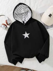 SHEIN 青少年女孩休閒街頭風波點毛絨帽，星星與波點印花，適合街頭穿搭，女孩衛衣搭配 - 黑色 - 查看 9