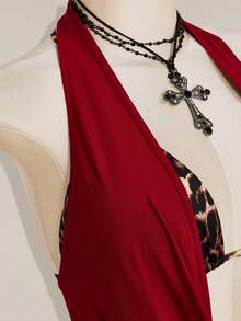 SHEIN ICON 女款大尺碼復古性感個性化休閒 Y2K 都市現代風紅色巧克力棕色細肩帶背心豹紋綁帶式內衣兩件組夏季 - 酒紅色 - 查看 10