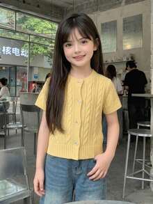 DAZY 可愛秋季短袖針織毛衣上衣，適合年輕女孩夏季穿著 - 黃色 - 查看 4