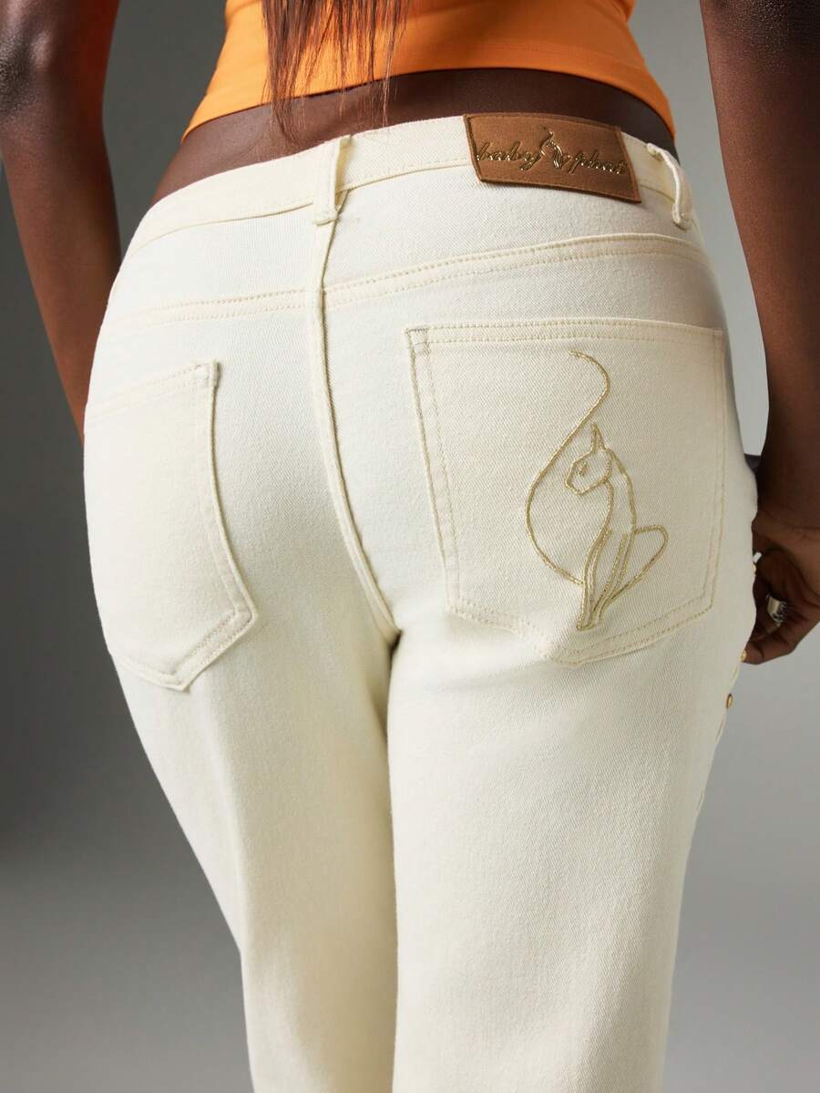 BABYPHAT Bootcut Stretch Jeans With Stud Detailing, Embroidered Cat Logo, Low Rise Flare Leg Denim - Beige - View 1