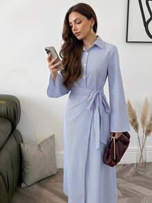 Solavon Women's Blue And White Stripe Long Sleeve Side Waist Knot Casual Modest Dress Office Autumn - Blue and White - View 4