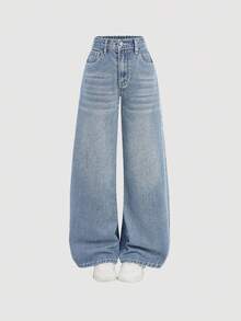 SHEIN Girlism Tween Girl Tween Girl Loose Wide Leg Casual Denim Jeans With Pockets - Light Wash - View 1