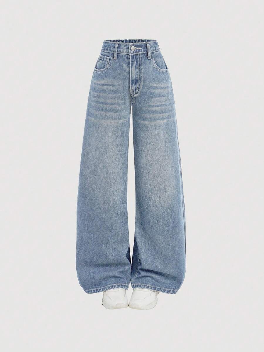 SHEIN Girlism Tween Girl Tween Girl Loose Wide Leg Casual Denim Jeans With Pockets - Light Wash - View 1