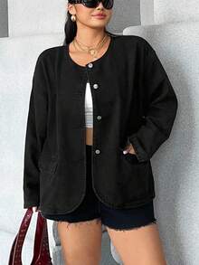 Rivivi Plus Size Women's Outdoor Large Pocket Button-Up Denim Jacket - Black - View 6
