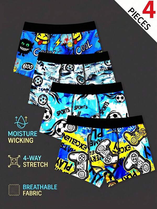 SHEIN 4pcs/Set Buy 2 Get 2 Free Kids Tween Boy Underwear Set, Simple Comfortable Game Controller Pattern Graffiti Letter Elastic Waist Boxer Briefs, Black, Red, Blue, Suitable For Spring, Summer, Autumn, Winter