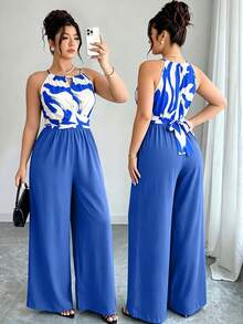SHEIN LUNE Women's Plus Size Spring/Summer Elegant Wrap Tie Striped Colorblock Loose Straight Leg Jumpsuit - Multicolor - View 1