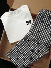 Teen Girls White Round Neck Short Sleeve Loose Top With Black Bow Print On Chest, Paired With Bubble Crepe BOW Plaid Pattern Woven Fabric, - Black - View 6