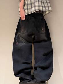 STEELVANCE Street Style Retro Fashion Versatile Embroidered Design Loose Straight Leg Wide Leg Casual Denim Jeans (Belt And Accessories Not Included) - Black - View 2