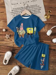 SpongeBob SquarePants | SHEIN 小男孩卡通圖案休閒T恤短褲套裝 - 白色 - 查看 1