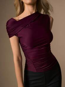 CielaLinda Women's Ruched Off-Shoulder Knit Top, One-Shoulder Solid Color Blouse, Casual Top - Red Violet - View 1